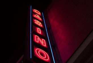 A neon sign is prominently displayed on the side of a building. The sign is vertical and spells out the word 'CASINO' in bold, red neon letters. Surrounding the letters is a blue outline that adds to the vibrancy of the sign against the otherwise dark facade of the building.